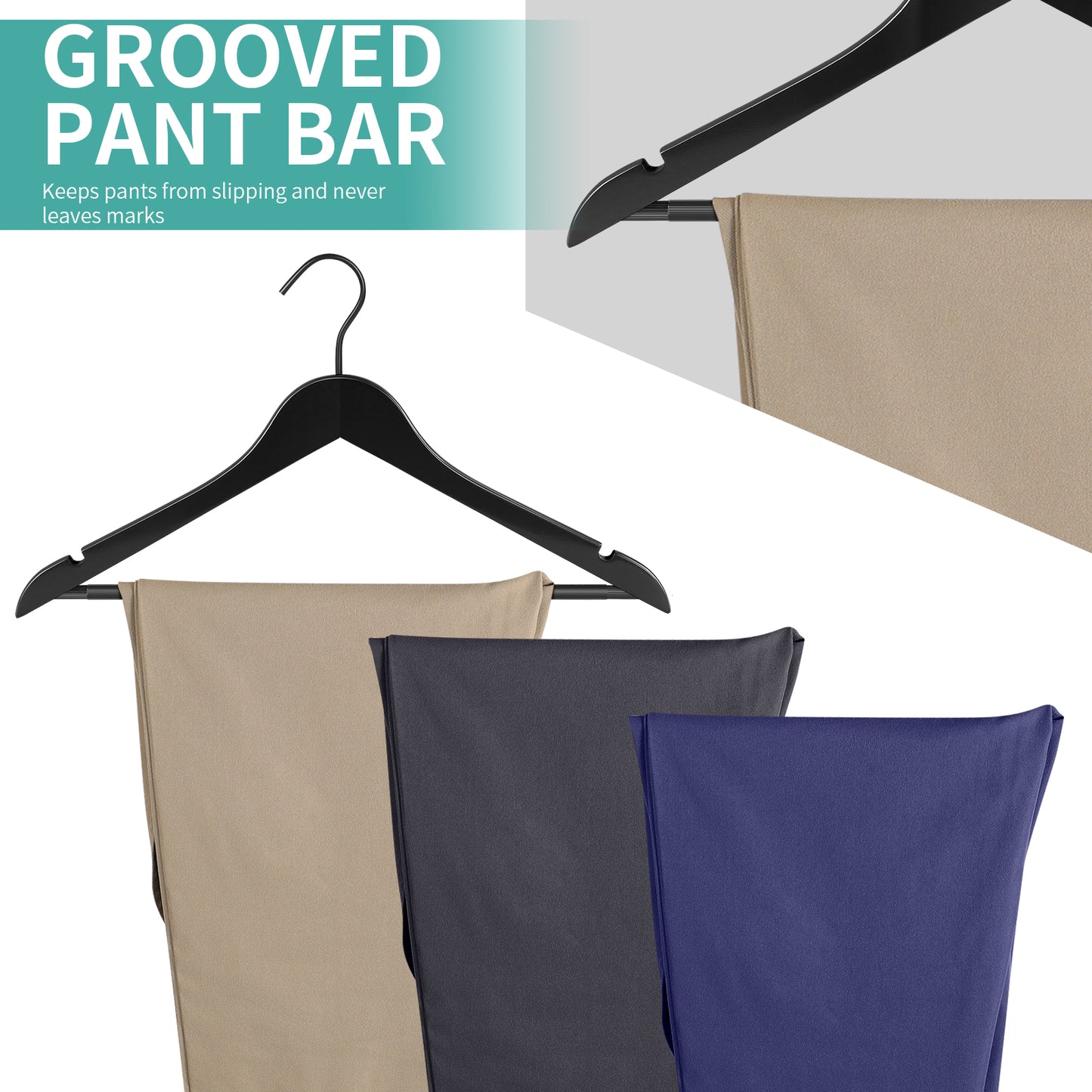 Grade A Real Wood Hangers 20 Pack, Suit, Coat, Non Slip Pant Bar, Soft Coated Hook, Premium Quality Wooden Hangers (Black)