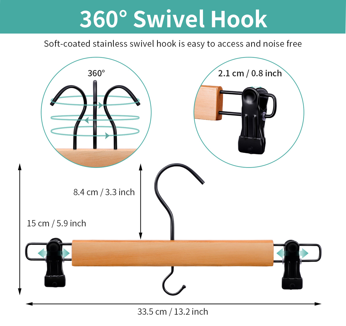 Wooden Hangers for Pants and Skirts - 10 Pack, Premium Quality Noise Reduction Coated Hook, Durable Two-Way Sure Grip Clips, Closet Organization, Non-Slip & Space Saving