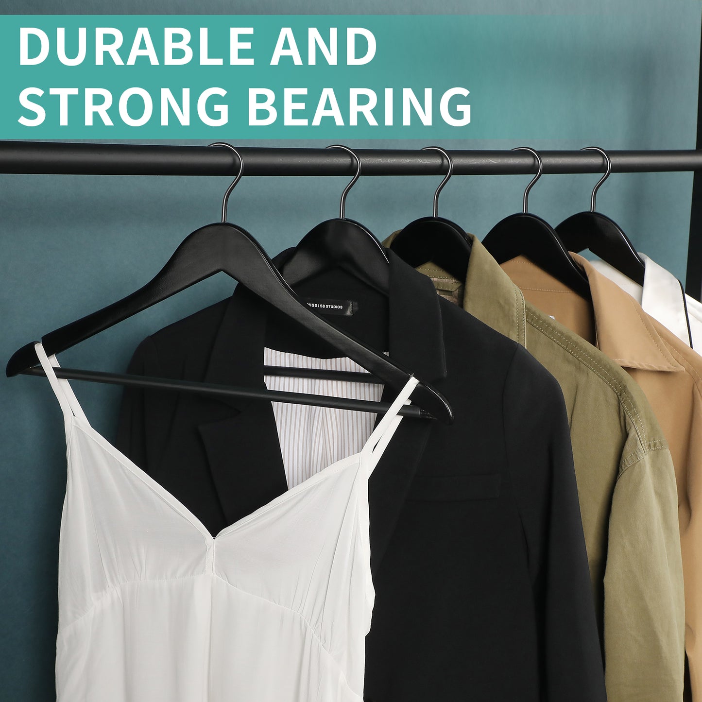 Grade A Real Wood Hangers 20 Pack, Suit, Coat, Non Slip Pant Bar, Soft Coated Hook, Premium Quality Wooden Hangers (Black)