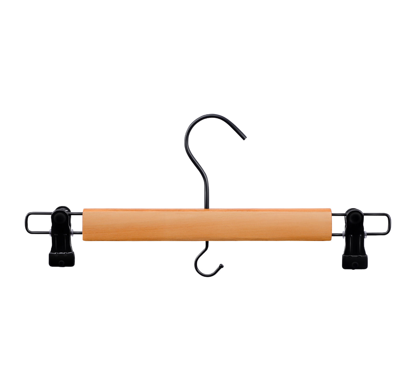 Wooden Hangers for Pants and Skirts - 10 Pack, Premium Quality Noise Reduction Coated Hook, Durable Two-Way Sure Grip Clips, Closet Organization, Non-Slip & Space Saving