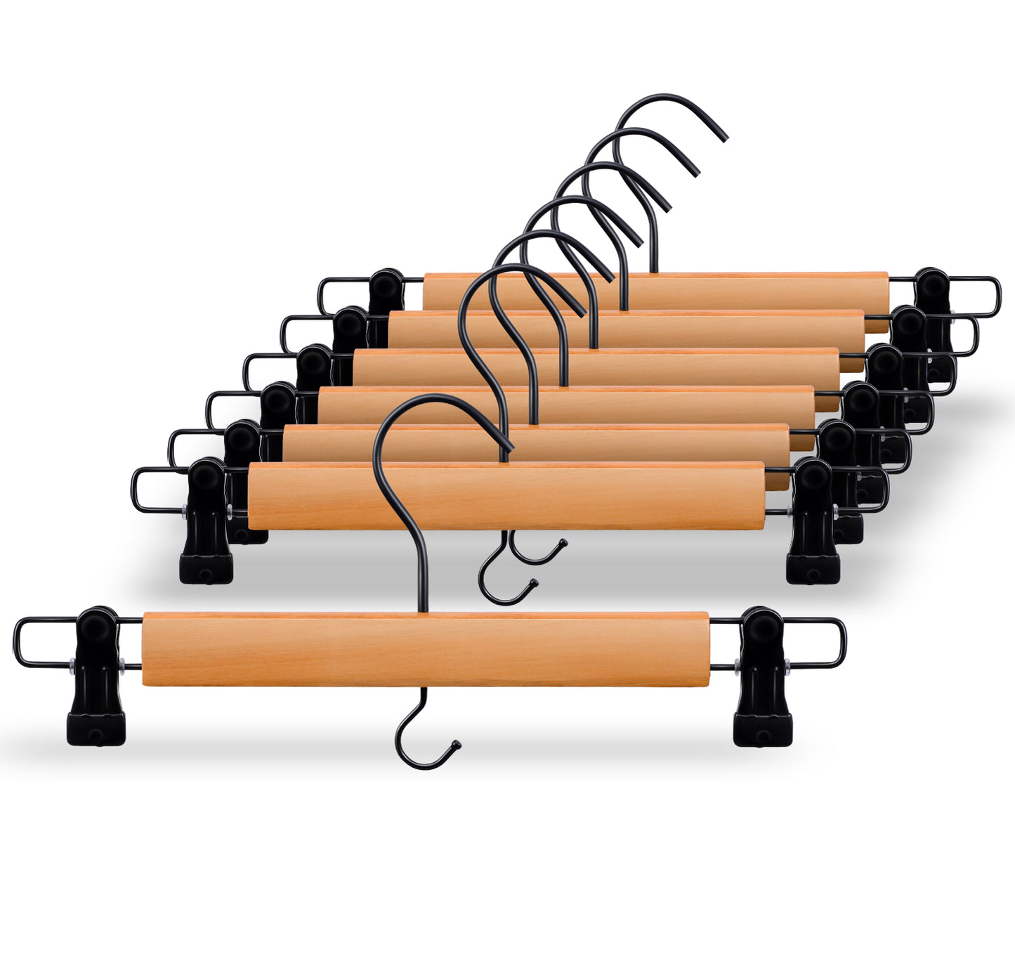 Wooden Hangers for Pants and Skirts - 10 Pack, Premium Quality Noise Reduction Coated Hook, Durable Two-Way Sure Grip Clips, Closet Organization, Non-Slip & Space Saving