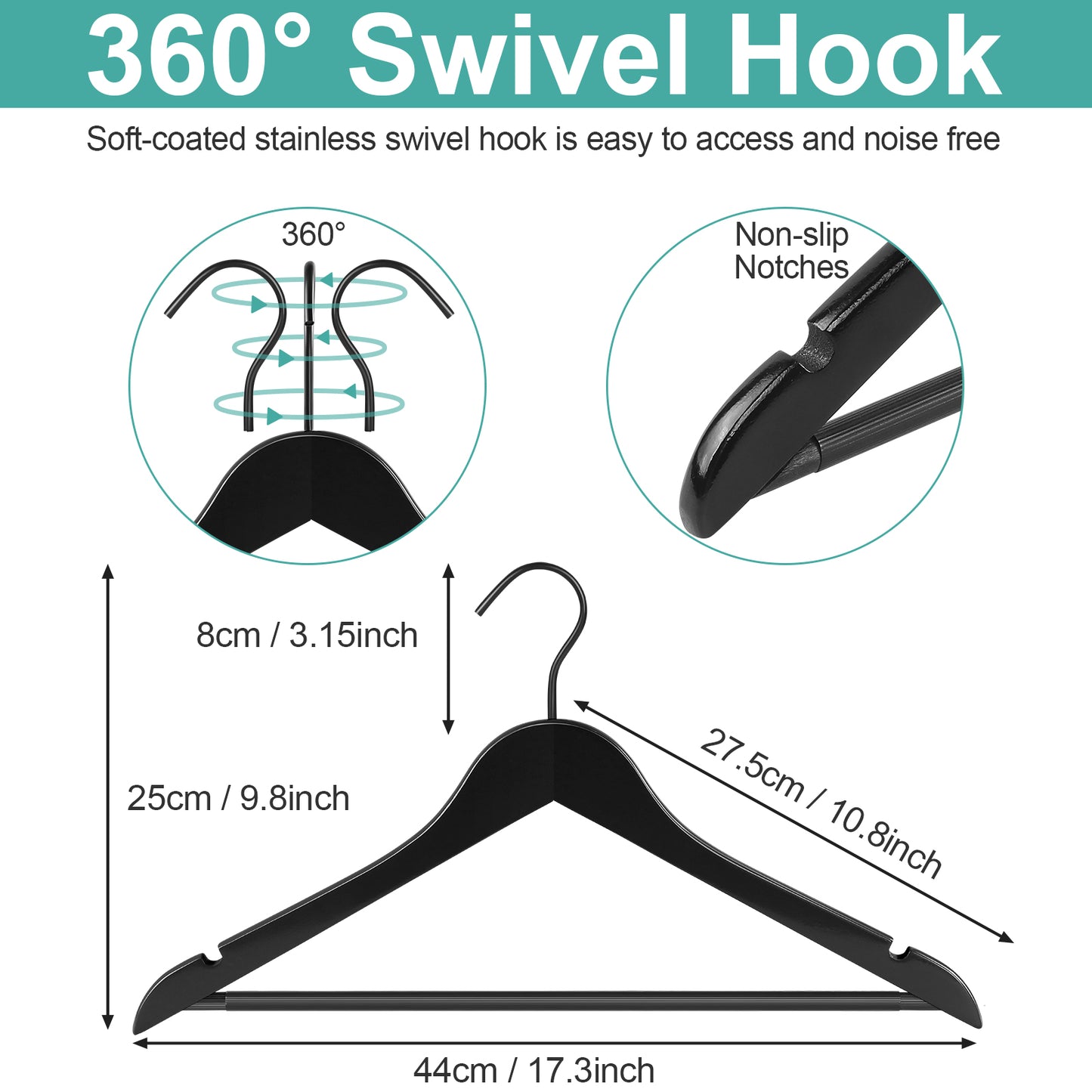 Grade A Real Wood Hangers 20 Pack, Suit, Coat, Non Slip Pant Bar, Soft Coated Hook, Premium Quality Wooden Hangers (Black)