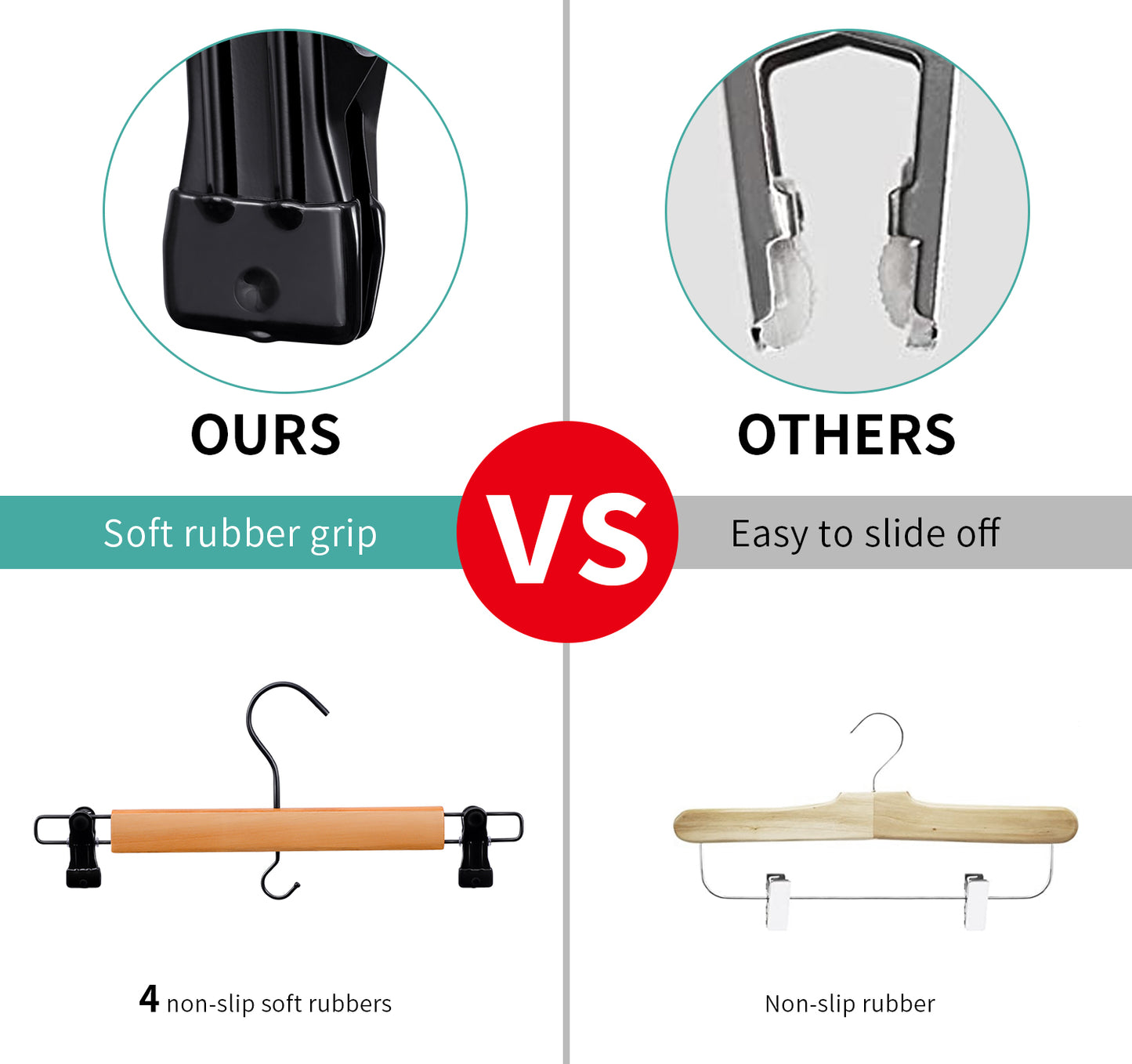 Wooden Hangers for Pants and Skirts - 10 Pack, Premium Quality Noise Reduction Coated Hook, Durable Two-Way Sure Grip Clips, Closet Organization, Non-Slip & Space Saving