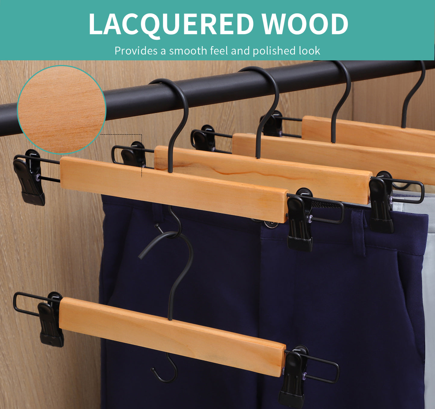 Wooden Hangers for Pants and Skirts - 10 Pack, Premium Quality Noise Reduction Coated Hook, Durable Two-Way Sure Grip Clips, Closet Organization, Non-Slip & Space Saving