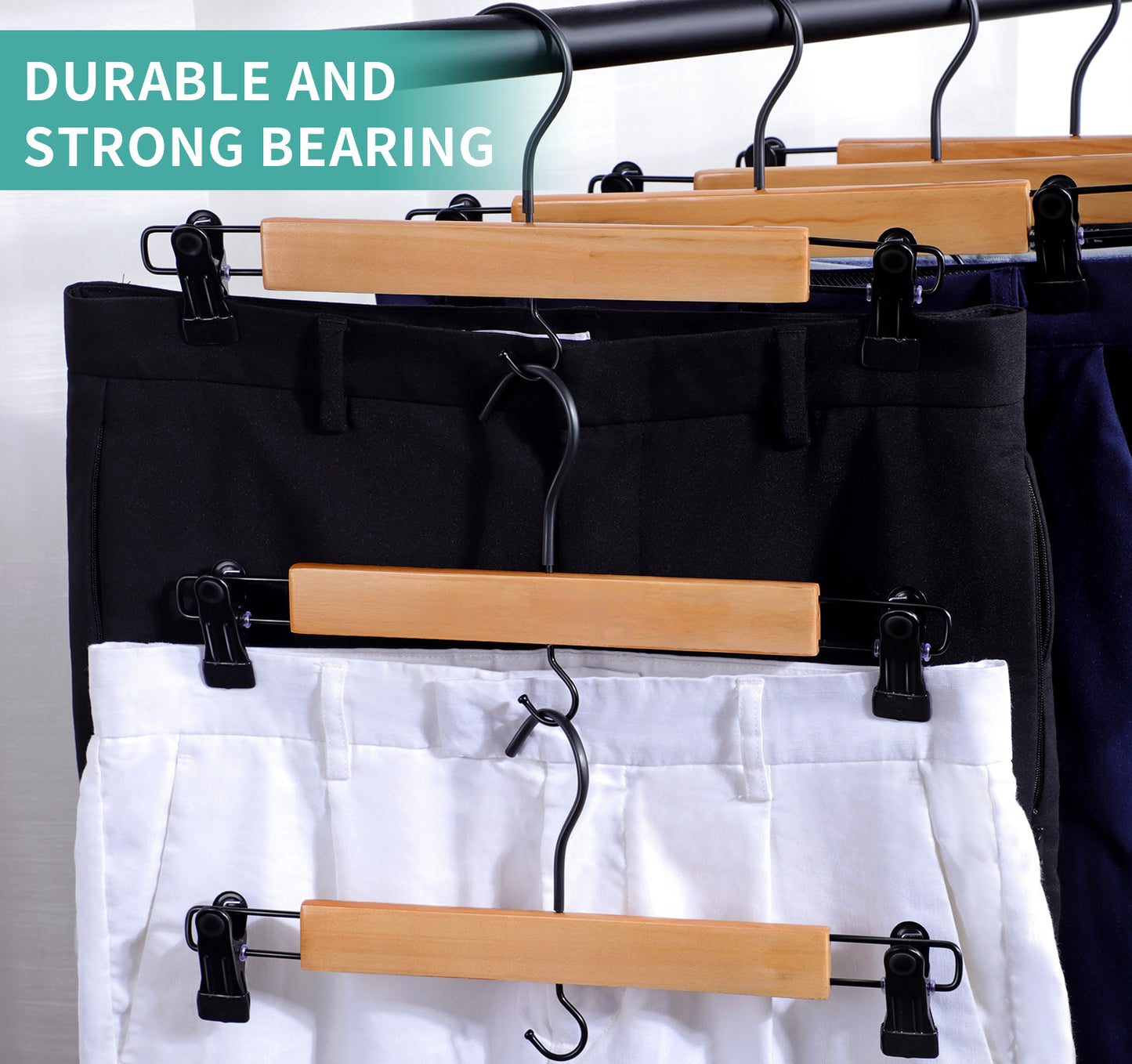 Wooden Hangers for Pants and Skirts - 10 Pack, Premium Quality Noise Reduction Coated Hook, Durable Two-Way Sure Grip Clips, Closet Organization, Non-Slip & Space Saving